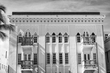Art Deco mimarisi. Mimari bina. Modern otel. Art deco mimari bölgesi. Art Deco. Miami sahilinin modern binası. Okyanus yolculuğu. Ocean Drive 'daki Miami Güney Sahili.