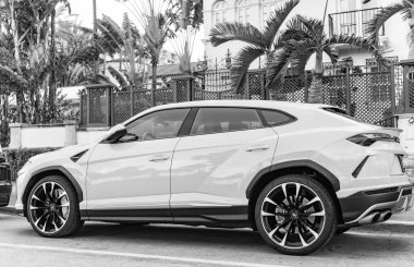 Miami, Florida, ABD - 15 Aralık 2024: Sarı Lamborghini Urus 2019 SUV arabası. Lamborghini Urus tipi lüks bir araba. Lamborghini Urus 'un arabası dışarıda park edilmiş. Lamborghini Urus, yan görüş.