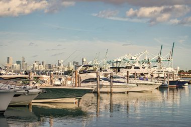 Yat marinası. Lüks yat kiralama. Miami limanı marinası. Yazın lüks bir yat gezisi. Miami plajına demir atmış bir yat. Marina lüks şehir manzarası. Limanda kiralık bir yat. Motorlu tekne limana yanaştı..
