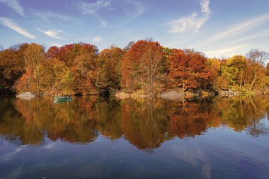 Sonbaharda Central Park 'ta. Sonbahar manzarası. Göletteki tekne. Sonbahar doğa manzarası. Central Park 'ta sonbahar doğası. Mevsimlik sonbahar manzarası. Sonbahar göletine park teknesi, New York. Manzaralı düşüş. Şehir simgesi.