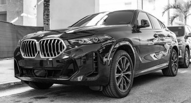 Miami, Florida, ABD - 23 Kasım 2024 BMW X6 çapraz otomobil. Lüks araba, siyah BMW X6 tipi. BMW X6 dışarıda park halinde. BMW X6, köşe görünümü.