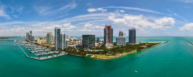 Panoramic view of Miami skyline. Panoramic cityscape of Miami with coastal skyscrapers. Panoramic view of Miami Beach from above. Iconic landmarks line of Miami coastline. Miamis famous skyline