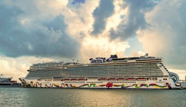 Miami, Florida, ABD - 4 Kasım 2024: Norveç yolcu gemisi yolculuğu. Yaz tatilinde gemi turu. Norveçli gemi şirketi. Gemi turu ve deniz seyahati. NCL Gemisi.