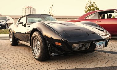 Park Ridge, Illinois, ABD - 18 Ağustos 2024: Corvette c3 stingray. Otomobil fuarında park edilmiş siyah bir araba. Corvette c3 vatozlu araba. Siyah Corvette C3 vatozlu araba