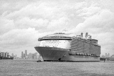 Yaz tatilinde hava seyahati. Gemi turu. Seyahat macerası. Hava manzaralı lüks yolcu gemisi yolculuğu. Gemi limandan ayrılıyor. Miami turu. Gemi seyahati. Zarif tasarım.