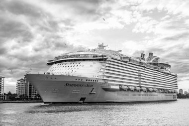 Miami, Florida, ABD - 23 Aralık 2024: Seas yolcu gemisi seferi senfonisi. Yaz tatilinde gemi turu. Royal Karayipler Uluslararası yolcu gemisi. Gemi turu. Lüks gemi gezisi..