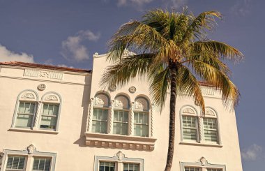 Art Deco mimarisi. Mimari bina. Modern otel. Art deco mimari bölgesi. Art Deco. Miami sahilinin modern binası. Okyanus yolculuğu. Ocean Drive 'daki Miami Güney Sahili.