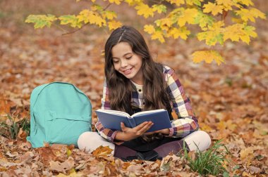 Dışarıda kitap okuyan liseli kız. Genç kız sonbahar parkında kitap okuyor. Eğitim ve bilgi. Bilgi toplama günü. Kendi kendine eğitim. Sonbahar kitabı. Okula dönelim. Okul eğitimi. Şiir okuyorum..