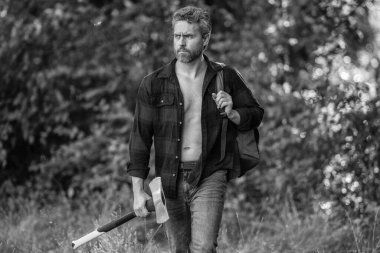 Oduncu baltası. Ağaç kesen baltalı adam. Düğmeleri iliklenmemiş bir adam. Oduncu dışarıda çok çalışıyor. Vahşi oduncu yürüyüşü. Vahşilik ve erkeklik. Baltalı İspanyol oduncu..