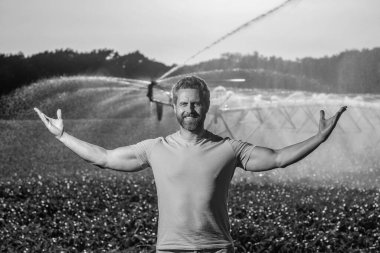 Fıskiyelerin yanında duran çiftçi. Su püskürtme sulama tarlası. Damlatma sulama sistemi. Ekin sulama. Tarım ve tarım. Sulama sistemindeki adam tarımı suluyor..