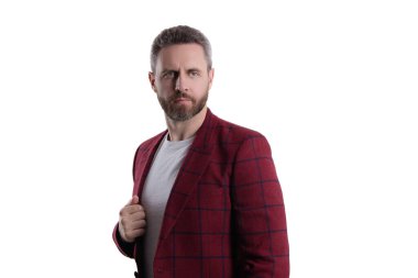 Beyaz ceketli şık bir adam izole edilmiş. Erkek giyim işindeki adam. Olgun bir adam moda ceketi giyer. Şık ve modaya uygun. İspanyol manken. Bespoke uzmanı..