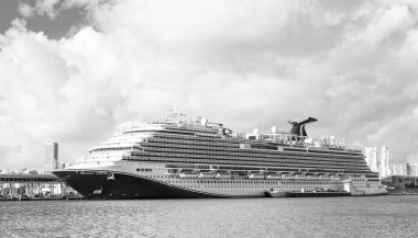 Miami, Florida, ABD - 03 Kasım 2024: Liman limanında gemi. Karnaval Horizon yolcu gemisi yolculuğu. Yaz tatilinde gemi turu. Karnaval Gemi Hattı. Gemi turu ve deniz yolculuğu..