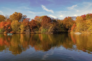 Sonbahar doğa manzarası. Central Park 'ta sonbahar doğası. Mevsimlik sonbahar manzarası. Sonbahar göletine park teknesi, New York. Manzaralı düşüş. Sonbaharda Central Park 'ta. Sonbahar manzarası. Göldeki tekne..