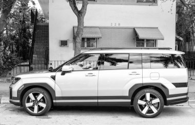 Miami, Florida, ABD - 08 Aralık 2024 Hyundai Santa Fe HEV Limited Cip. Hyundai Santa Fe HEV tipi bir araba. Hyundai 'nin arabası dışarıda park edilmiş. Hyundai Santa Fe, köşe manzaralı.