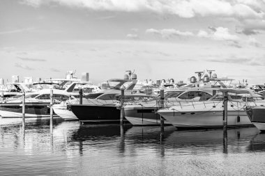 Yazın lüks bir yat gezisi. Miami plajına demir atmış bir yat. Marina lüks şehir manzarası. Limanda kiralık bir yat. Yat marinası. Lüks yat kiralama. Miami limanı marinası.