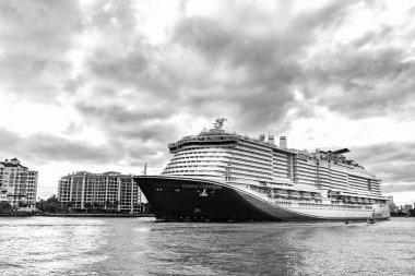 Miami, Florida, ABD - 23 Aralık 2024: Karnaval yolcu gemisi yolculuğu. Yaz tatilinde gemi turu. Karnaval yolcu gemisi. Gemi turu ve deniz seyahati. Gemi Miami sahil limanından ayrılıyor..