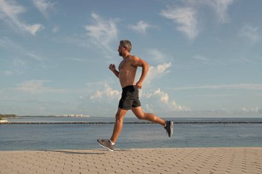 Sağlıklı bir yaşam tarzı. Yazın koşan sporcu. Spor koşucusu egzersiz yapar. Spor yaşam tarzı ve sabah koşusu. Koşucu çıplak gövde koşuyor. Spor ve sağlık. Kumsalda koşan adam. Yeni meydan okuma.