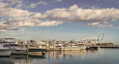 Miami plajına demir atmış bir yat. Marina lüks şehir manzarası. Limanda kiralık bir yat. Yat marinası. Lüks yat kiralama. Miami limanı marinası. Yazın lüks bir yat gezisi. Miami Körfezi.