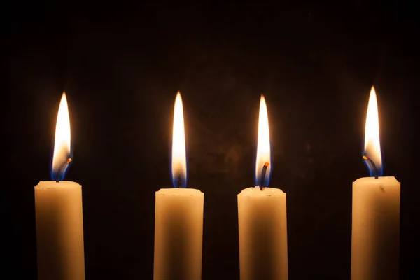 Four Candles Row Burning Flame — Stock Photo, Image