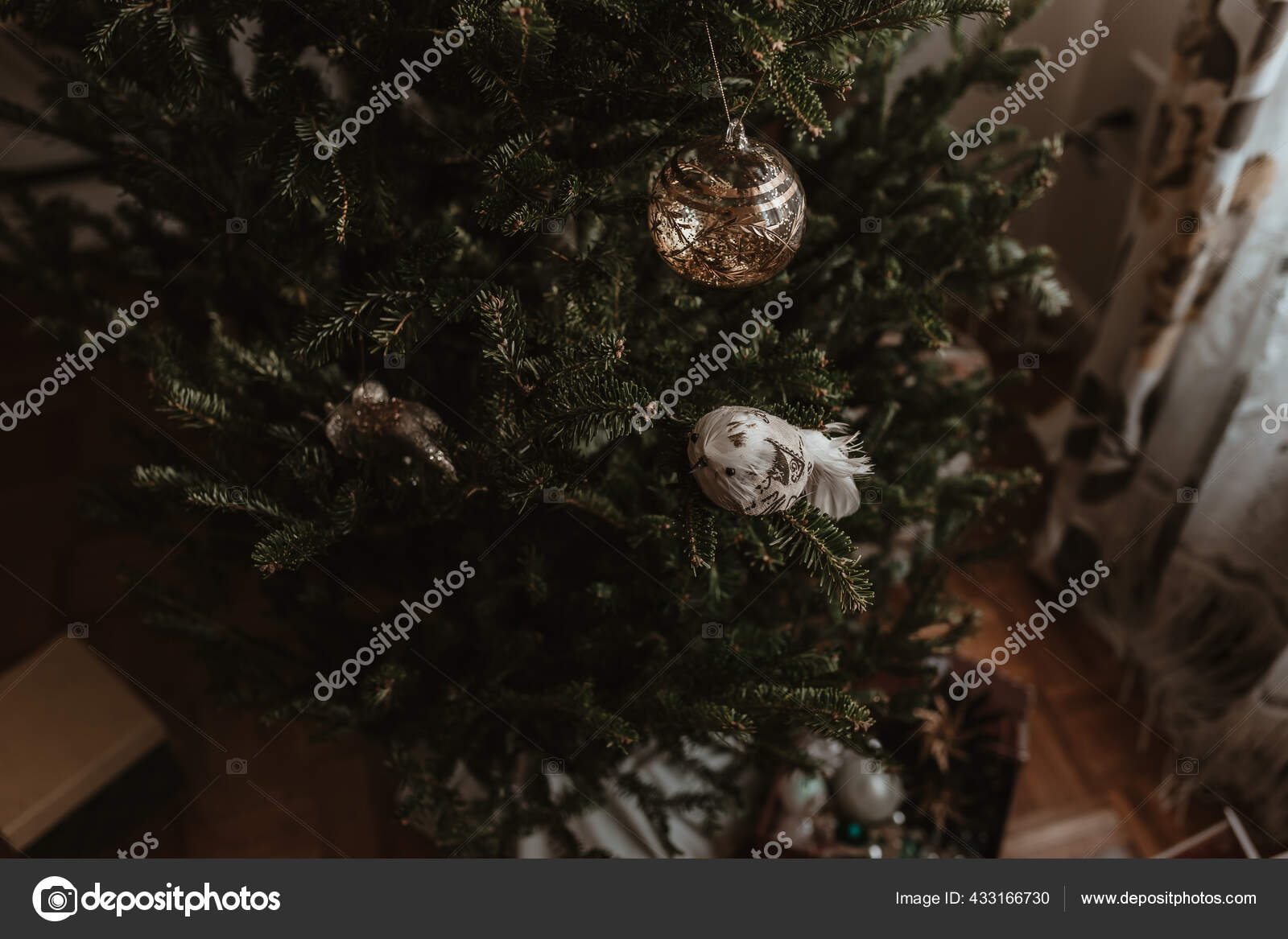 Christmas Tree Decorating Holiday Time Lights Ornaments Vintage Retro Decor Stock Photo by