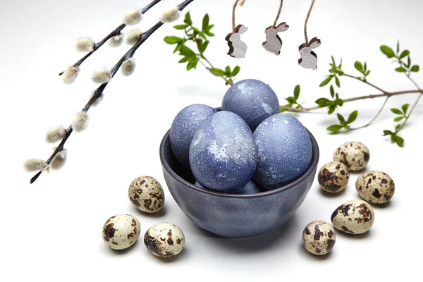 Painted chicken and quail eggs in a bowl and pussy willow branches — Stok fotoğraf