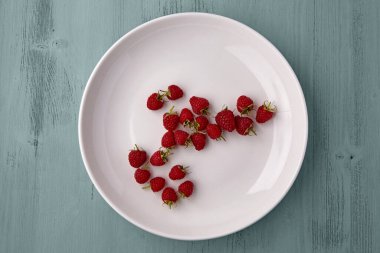 Beyaz bir tabağa dağılmış olgun kırmızı ahududular.