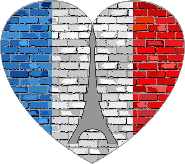 Bandera de Francia en una pared de ladrillo en forma de corazón — Vector de stock