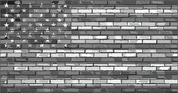 Drapeau USA noir et blanc sur un mur de briques — Image vectorielle