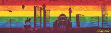 Belgrad 'ın LGBT bayrak geçmişi - illüstrasyon, Gökkuşağı arka planında şehir, Vector kenti silueti