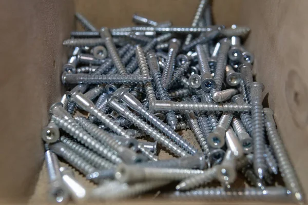 Hexagon Furniture Screws Wood Box How Sort Screws — Stock Photo, Image