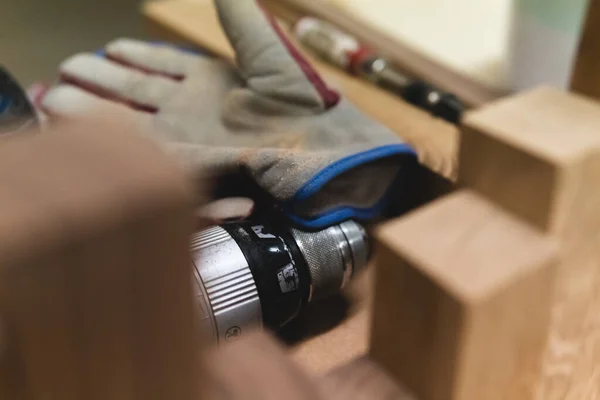 Woodworkers Work Space Gloves Screwdriver — Stock Photo, Image