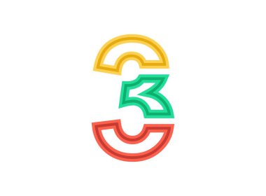 3 numara logosu, vektör ana hatlı yazı tipi. Dilimle, kes tasarımı kırmızı, yeşil, sarı renklerle. Tasarım ögesi, yaratıcı poster, marka etiketi, web şablonu ve daha fazlası için 