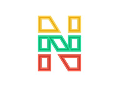 N harfi logosu, vektör ana hatlı yazı tipi. Dilimle, kes tasarımı kırmızı, yeşil, sarı renklerle. Tasarım ögesi, yaratıcı poster, marka etiketi, web şablonu ve daha fazlası için 