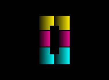 0 numara yazı tipi, Cmyk renginde vektör logosu. Dinamik bölünmüş mavi, pembe, sarı renkli siyah arkaplan. Sosyal medya, tasarım unsurları, yaratıcı poster, web şablonu vs..                       