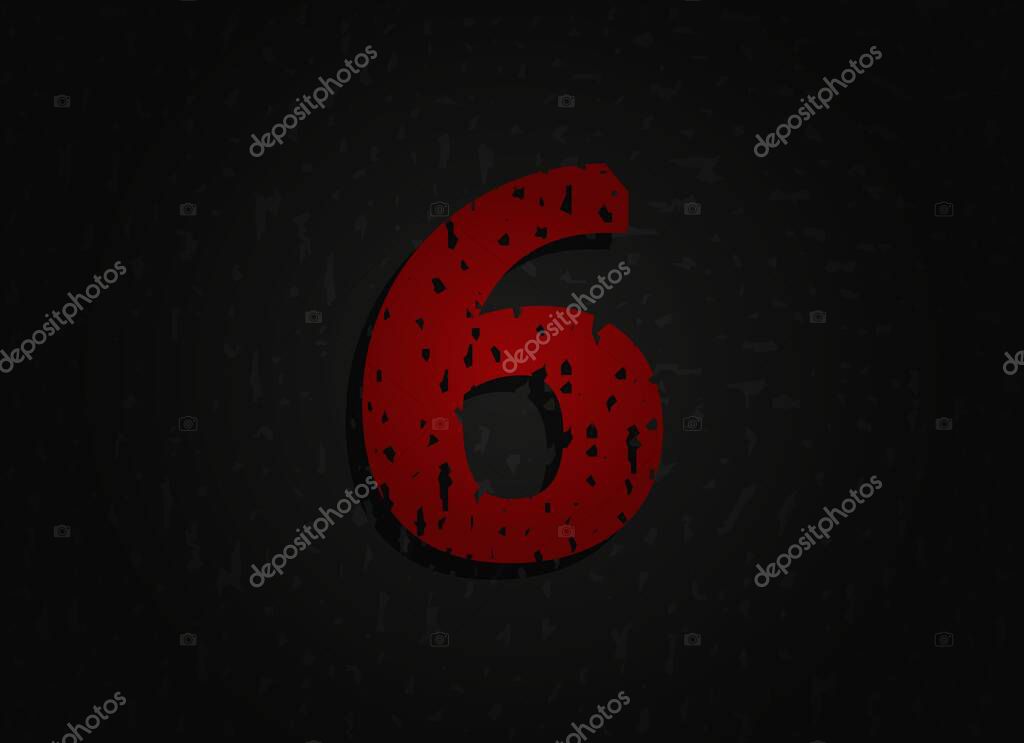 6 vector red number made of grunge texture. Insane Fear brutal font. Wicked night theme style design.  For logo, brand label, poster, design elements etc.