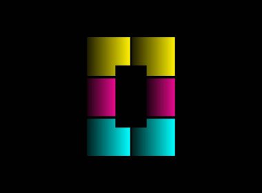 O harfi yazı tipi, Cmyk renginde vektör logosu. Dinamik bölünmüş mavi, pembe, sarı renkli siyah arkaplan. Sosyal medya, tasarım unsurları, yaratıcı poster, web şablonu vs..                       