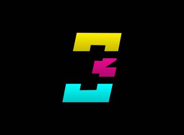 3 sayı vektörü desing, Cmyk renk yazı tipi logosu, Dinamik bölünmüş mavi, pembe, sarı renkli siyah arkaplan. Sosyal medya, tasarım unsurları, yaratıcı poster, web şablonu vs..                       