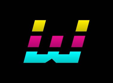 W harfi vektör desing, Cmyk renk yazı tipi logosu, Dinamik bölünmüş mavi, pembe, sarı renkli siyah arkaplan. Sosyal medya, tasarım unsurları, yaratıcı poster, web şablonu vs..                       