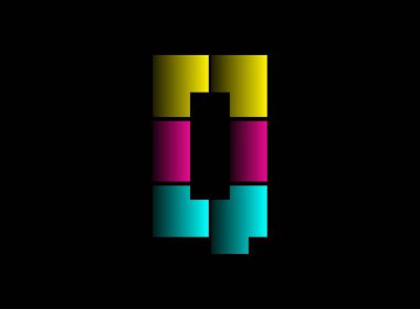 Q harfi yazı tipi, Cmyk renginde vektör logosu. Dinamik bölünmüş mavi, pembe, sarı renkli siyah arkaplan. Sosyal medya, tasarım unsurları, yaratıcı poster, web şablonu vs..                       