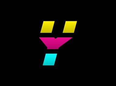 Y harfi vektör desing, Cmyk renk yazı tipi logosu, Dinamik bölünmüş mavi, pembe, sarı renkli siyah arkaplan. Sosyal medya, tasarım unsurları, yaratıcı poster, web şablonu vs..                       
