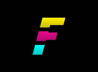 F harfi vektör desing, Cmyk renk yazı tipi logosu, Dinamik bölünmüş mavi, pembe, sarı renkli siyah arkaplan. Sosyal medya, tasarım unsurları, yaratıcı poster, web şablonu vs..                       