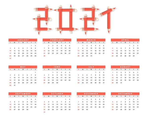 2021 Annual Calendar Vector Design Made Red Pencils Week Start — Stock Vector