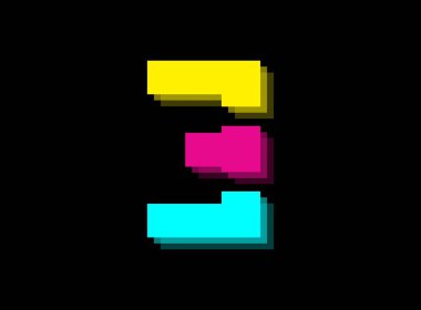 Cmyk renk yazı tipi logosu, 3 sayı vektörü desing. Dinamik bölünmüş mavi, pembe, sarı renkli siyah arkaplan. Sosyal medya, tasarım unsurları, yaratıcı poster, web şablonu vs..                       