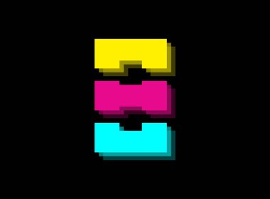 Cmyk renk yazı tipi logosu, 8 sayı vektörü desing. Dinamik bölünmüş mavi, pembe, sarı renkli siyah arkaplan. Sosyal medya, tasarım unsurları, yaratıcı poster, web şablonu vs..                       