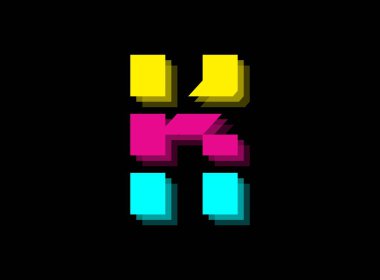 Cmyk renk yazı tipi logosu, K harfi vektörü desing. Dinamik bölünmüş mavi, pembe, sarı renkli siyah arkaplan. Sosyal medya, tasarım unsurları, yaratıcı poster, web şablonu ve Bay                       