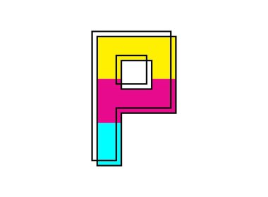 Siyah çerçeveli P yazı tipi harfi. Yazı tipi pembe, mavi, sarı renkte. Logo, tasarım ögesi, poster ve daha fazlası için vektör illüstrasyonu      