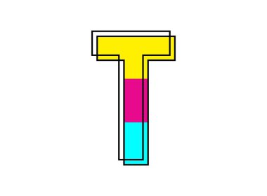 Siyah çerçeveli T yazı tipi harfi. Yazı tipi pembe, mavi, sarı rengin ana hatları. Logo, tasarım ögesi, poster ve daha fazlası için vektör illüstrasyonu      