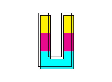 Siyah çerçeveli U yazı tipi harfi yazı tipi pembe, mavi, sarı renkte. Logo, tasarım ögesi, poster ve daha fazlası için vektör illüstrasyonu      