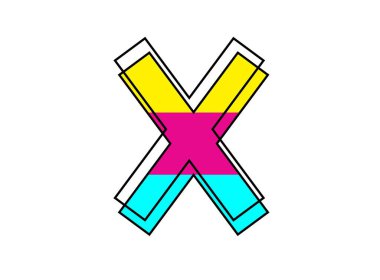 Siyah çerçeveli X yazı tipi harfi. Yazı tipi pembe, mavi, sarı renkte. Logo, tasarım ögesi, poster ve daha fazlası için vektör illüstrasyonu      