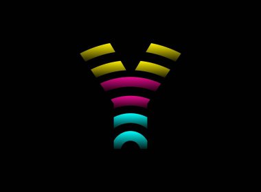 Y harfi vektör desing, Cmyk renk yazı tipi logosu. Dinamik bölünmüş pembe, mavi, sarı renkli siyah arka plan. Sosyal medya, tasarım unsurları, yaratıcı poster, web şablonu    